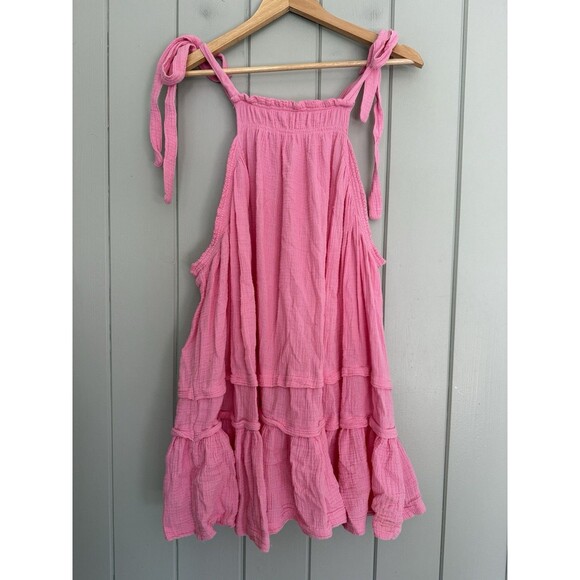 Free People Sachet Pink Fleur Cotton Gauze Tie Strap Tunic Mini Dress S Small - Picture 1 of 5